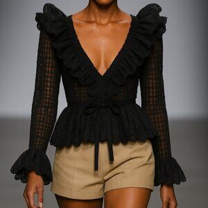 SIMONETT Cedrina Top Black Lace Ruffle Sheer Grid Blouse Long Sleeve V-Neck M